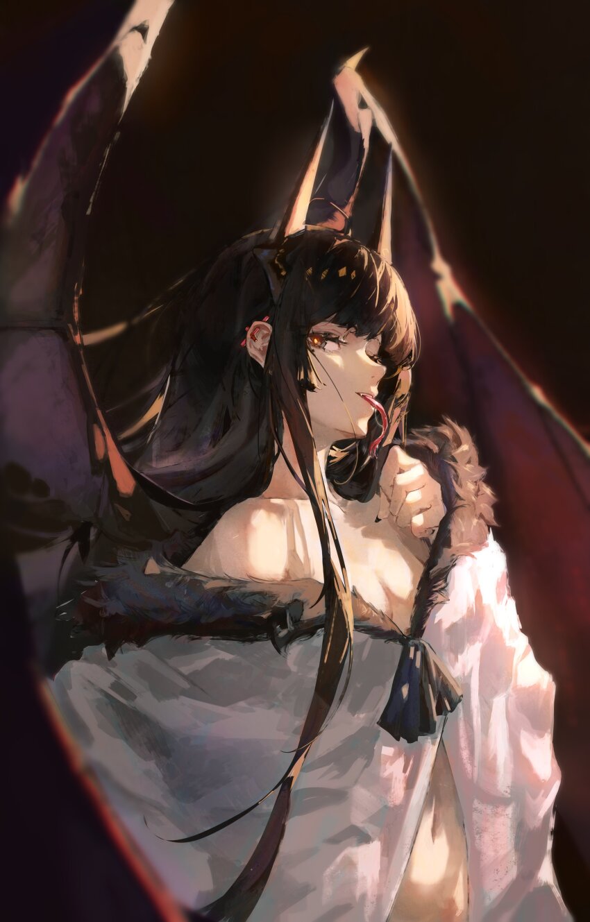 1girl, absurdres, arknights, black_hair, earclip, fangs, fingernails, gandy_(gan3e46)