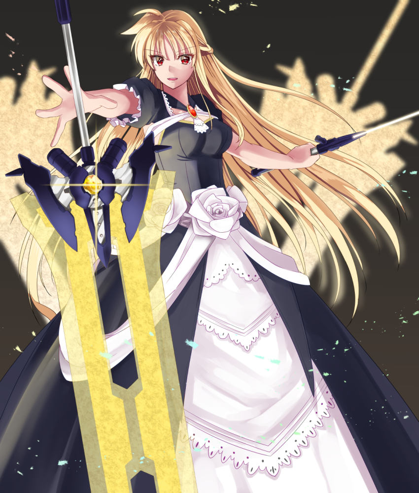 1girl, bardiche_(nanoha), bardiche_(riot_zanber_ii)_(nanoha), black_dress, blonde_hair, breasts, dress, dress_flower