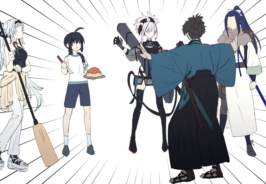 1other, 2boys, 2girls, ahoge, asymmetrical_hair, bare_shoulders, black_gloves, black_hair