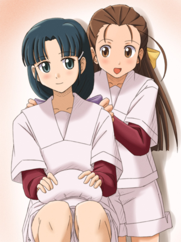 2girls, baseball_uniform, bow, brown_eyes, brown_hair, green_eyes, green_hair, hair_bow