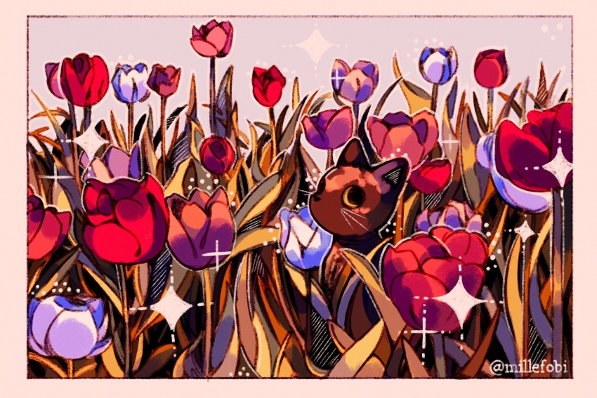 animal, animal_focus, artist_name, blue_flower, blue_tulip, border, brown_cat, cat