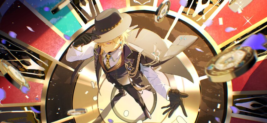 1boy, adjusting_clothes, adjusting_headwear, animal_ears, aventurine_(honkai:_star_rail), aventurine_(stoneheart's_oath_ring)_(honkai:_star_rail), black_gloves, black_hat