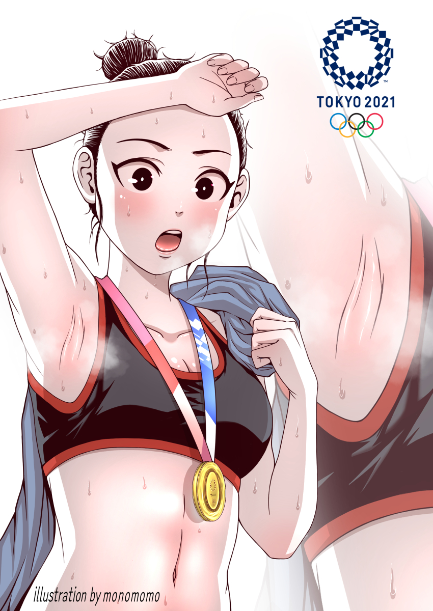 1girl, 2020_summer_olympics, absurdres, armpit_focus, armpits, artist_name, black_eyes, black_hair