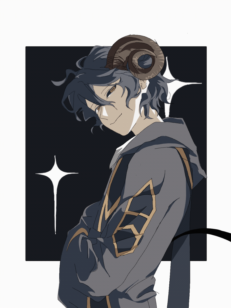 1boy, animated, animated_gif, black_coat, black_sclera, blinking, brown_eyes, brown_horns, chinese_commentary, closed_mouth, coat, colored_eyelashes, colored_sclera, commentary_request, crossed_arms, curled_horns, demon_tail, gold_trim, hair_between_eyes, highres, hood, hood_down, hooded_coat, horizontal_pupils, horns, male_focus, mismatched_sclera, mutou_(wanniya88414), saibou_shinkyoku, shirt, short_hair, smile, stole, tail, upper_body, utsugi_noriyuki, white_shirt