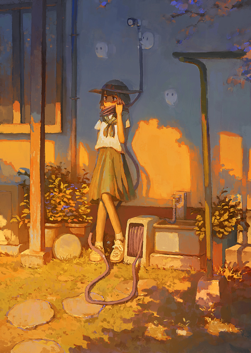 1girl, against_wall, arm_at_side, brown_hair, closed_mouth, commentary, creature, faucet