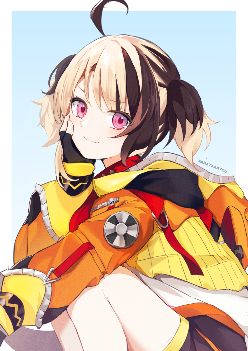 1girl, absurdres, ahoge, arata_ryou, black_gloves, blonde_hair, blue_background, border