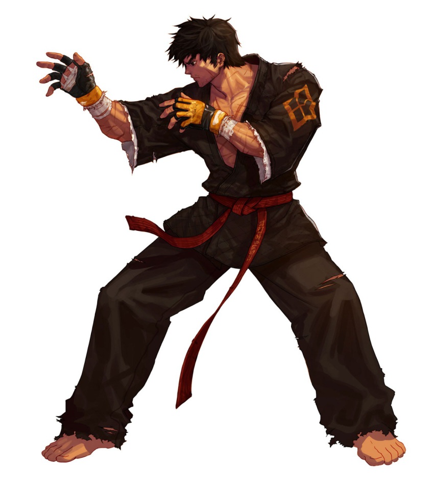 00s, barefoot, belt, brown_hair, brown_theme, dougi, dungeon_and_fighter, fighter_(dungeon_and_fighter), gloves, highres, karate_gi, male_grappler, martial_arts_belt, red_belt, scar, short_hair