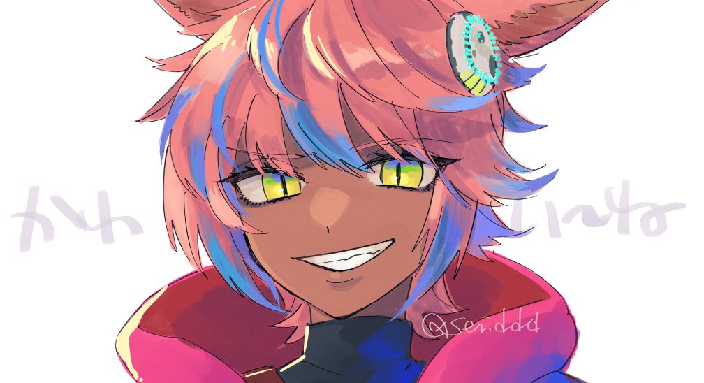 1girl, final_fantasy, final_fantasy_xiv, gradient_eyes, grin, hair_ornament, looking_at_viewer, miqo'te