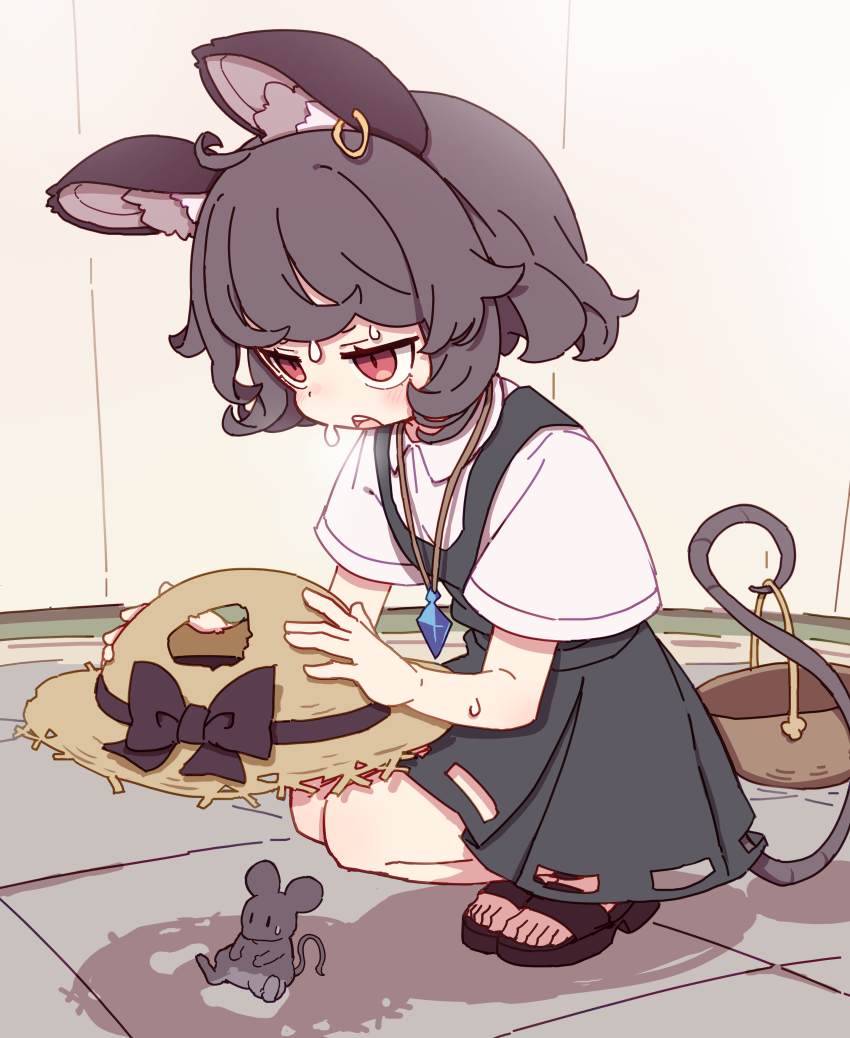 1girl, absurdres, animal_ears, basket, dress, earrings, grey_hair, hat