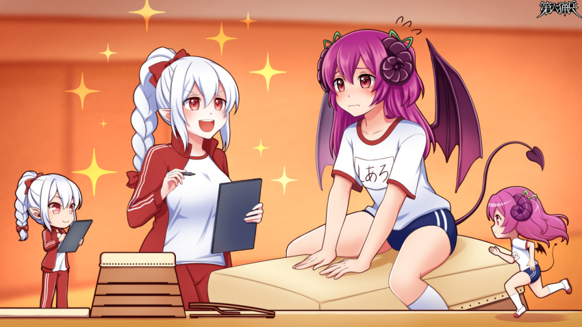 2girls, blue_buruma, blush, bow, braid, braided_ponytail, breasts, buruma