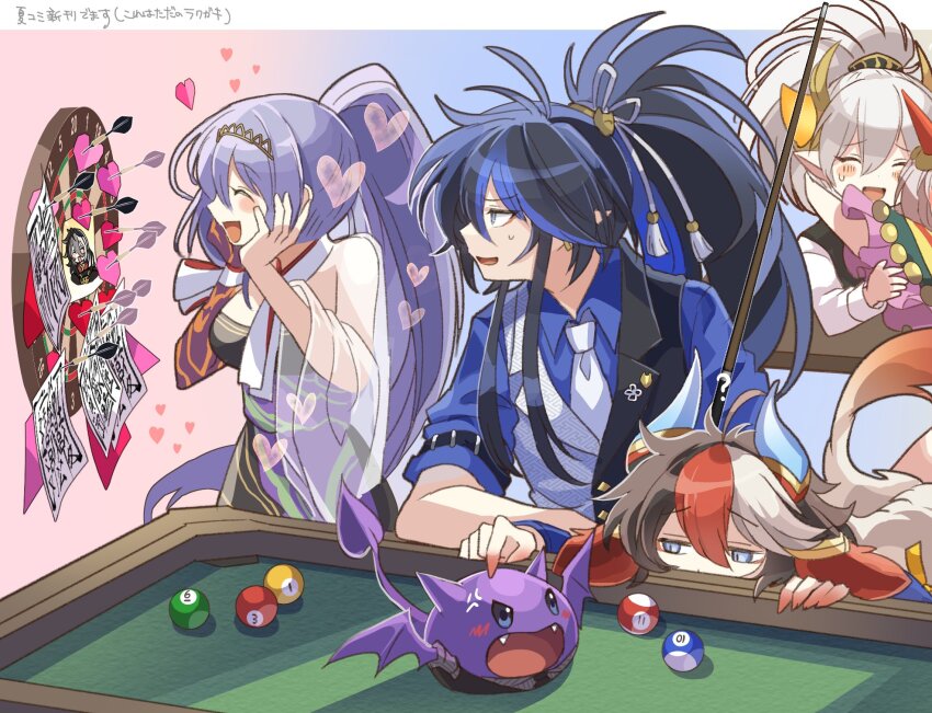 1boy, 3girls, ball, bartender, billiard_ball, billiards, black_hair, cue_stick