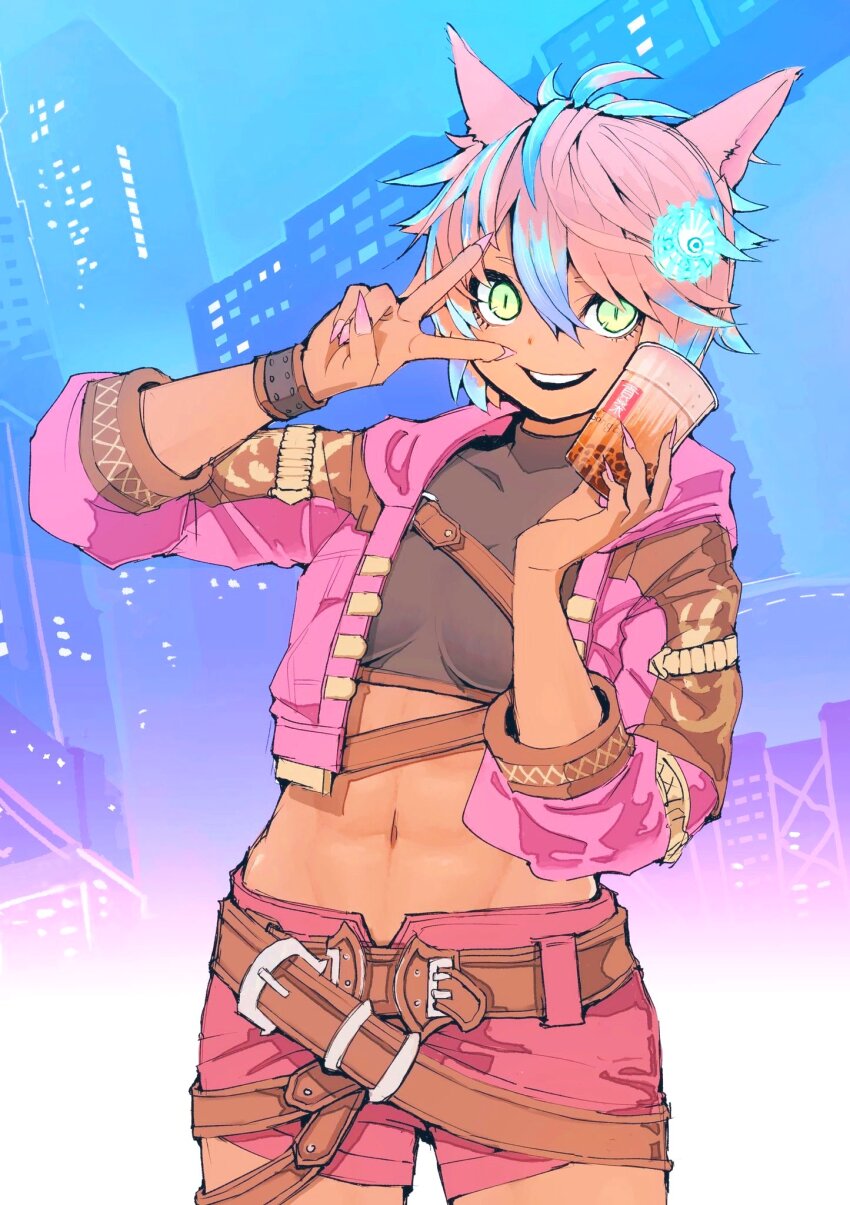 1girl, :d, abs, animal_ears, ankolalafell, blue_hair, breasts, bubble_tea