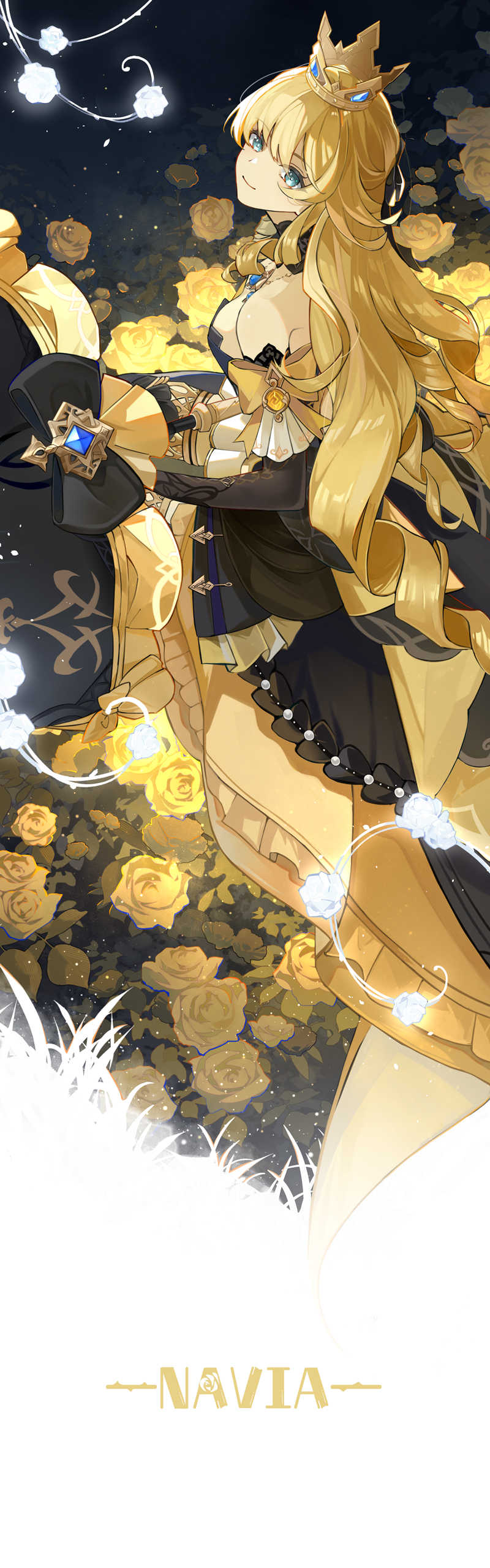 1girl, absurdres, bare_shoulders, black_bow, black_dress, black_sleeves, blonde_hair, blue_eyes