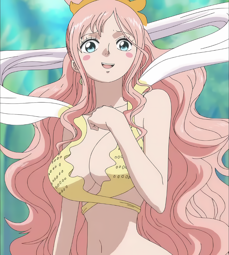 1girl, bikini, blue_eyes, breasts, curvy, earrings, jewelry, looking_at_viewer, mermaid, monster_girl, one_piece, pink_hair, seashell_earrings, shirahoshi, smile, swimsuit, yellow_bikini