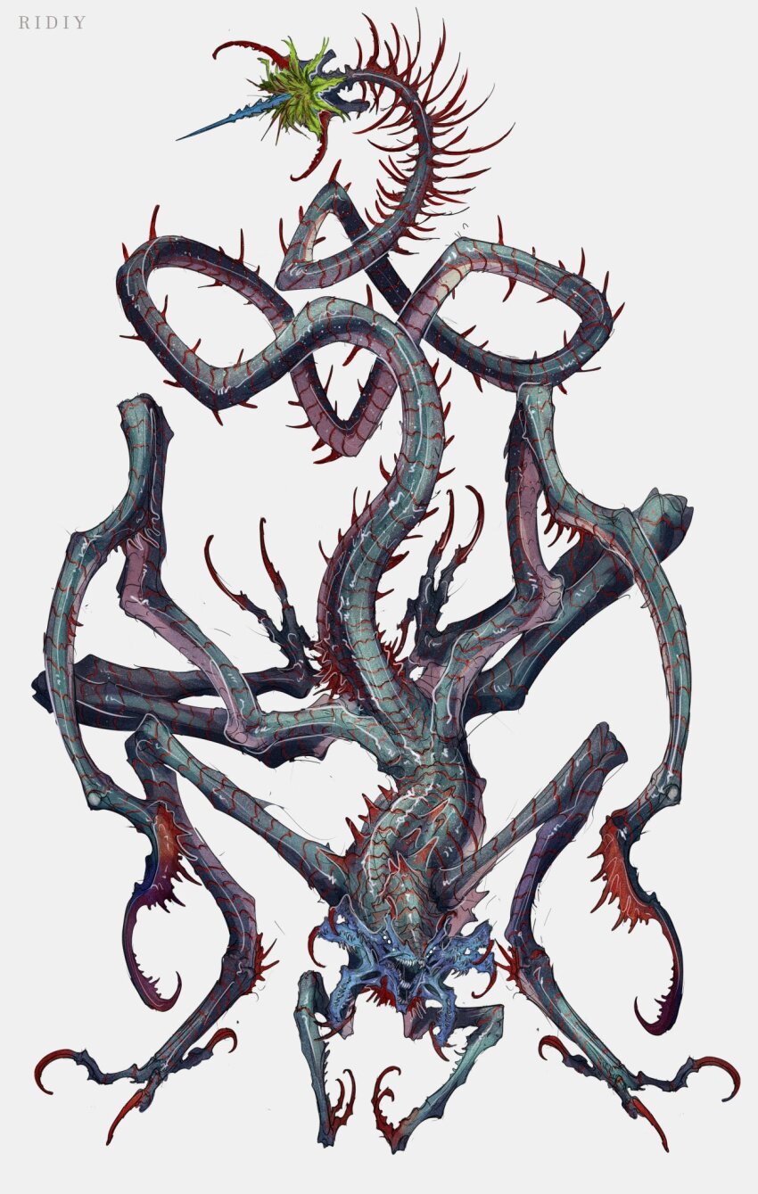 animal_focus, artist_name, claws, extra_eyes, extra_teeth, full_body, highres, monster, multiple_legs, no_humans, open_mouth, original, ridiy_vortep, sharp_teeth, simple_background, solo, tail, teeth, white_background