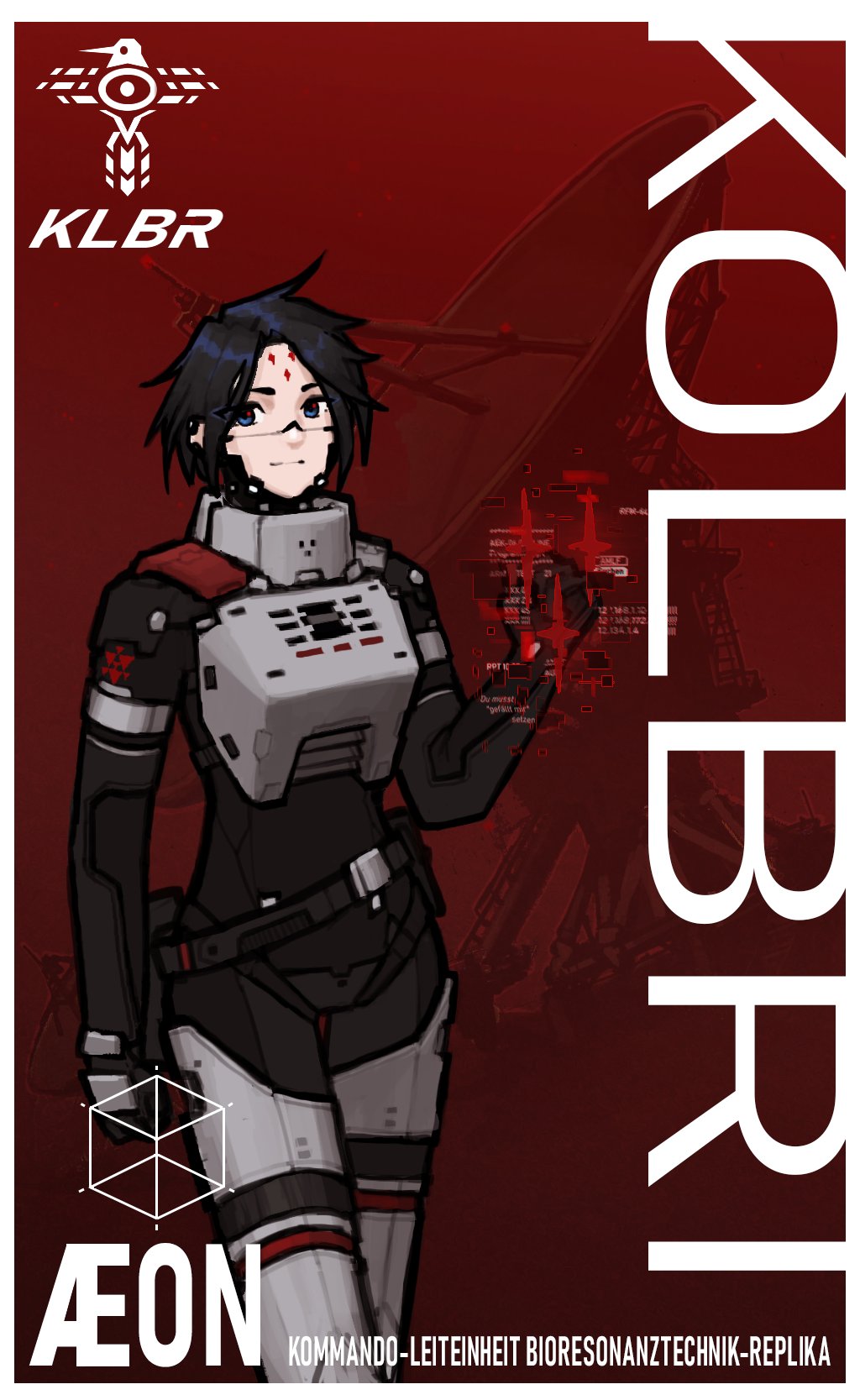 1girl, ahoge, android, armor, belt, black_hair, blue_eyes, border, cowboy_shot, facial_mark, german_text, gnom_na_korable, highres, joints, kolibri_(signalis), looking_at_viewer, mechanical_arms, mechanical_legs, metal_skin, radar, radar_dish, red_background, robot, robot_joints, short_hair, sierpinski_triangle, signalis, solo, white_border