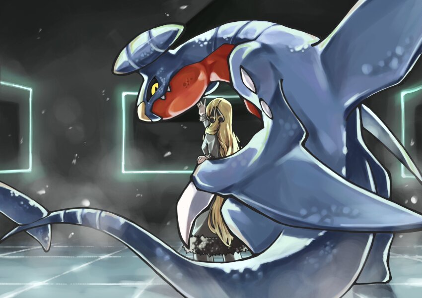 1girl, arm_blade, black_coat, black_sclera, blonde_hair, coat, colored_sclera, colored_skin, commentary_request, cynthia_(pokemon), dragon, fins, from_behind, full_body, garchomp, gen_4_pokemon, green_skin, highres, long_hair, looking_at_viewer, nintendo, pokemon, pokemon_(creature), pokemon_diamond/pearl/platinum, red_skin, sake_maguro, weapon