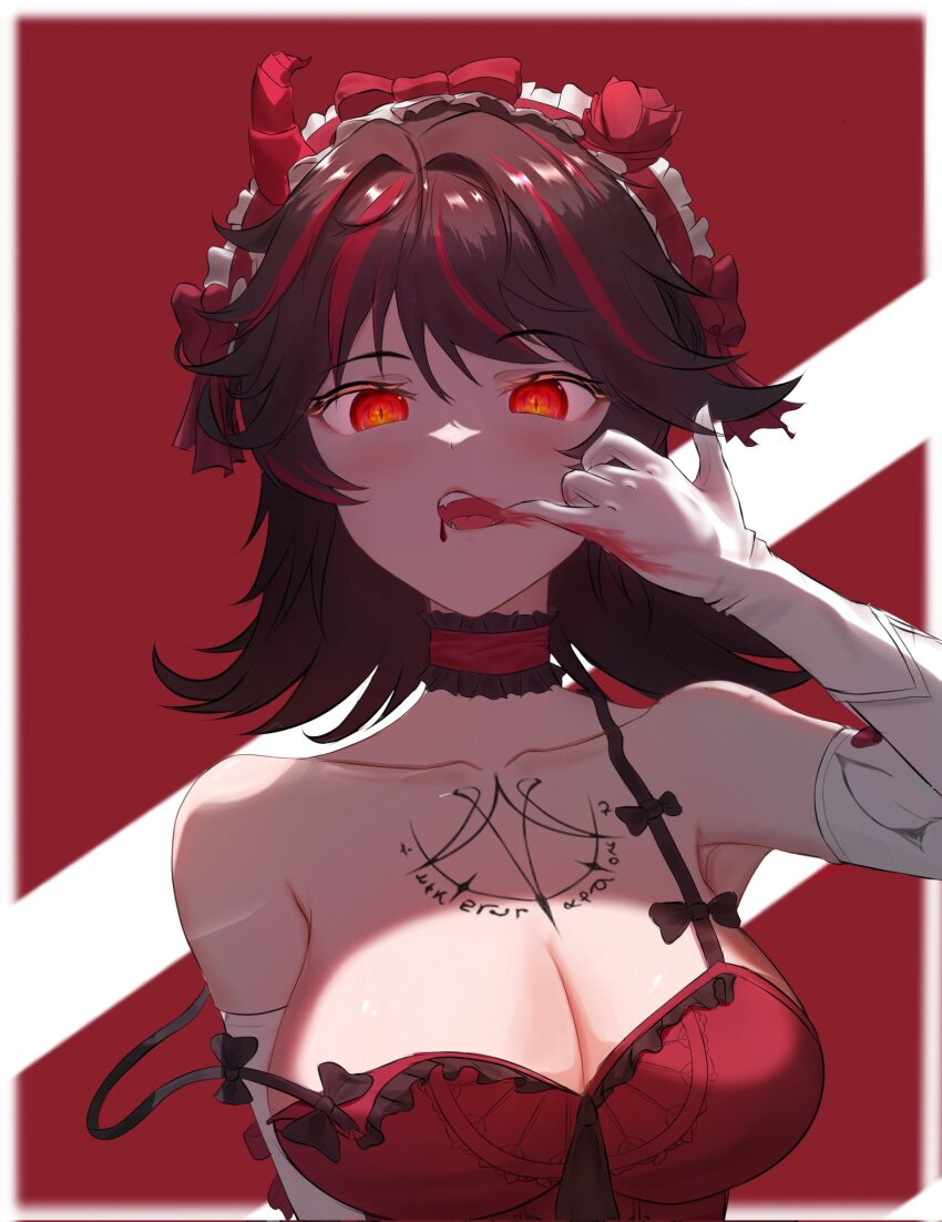 1girl, black_hair, blood, blood_from_mouth, blood_on_clothes, bow, breasts, broken_horn