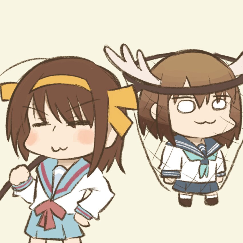 2girls, :3, antlers, aqua_neckerchief, blue_sailor_collar, blue_skirt, blush, brown_hair, butterfly_net, chibi, closed_mouth, crossover, deer_antlers, deer_girl, hair_ribbon, hairband, hand_net, hand_on_own_hip, highres, holding, holding_butterfly_net, horns, kita_high_school_uniform, long_sleeves, medium_hair, multiple_girls, neckerchief, red_ribbon, ribbon, ryuinosu, sailor_collar, school_uniform, serafuku, shikanoko_noko, shikanoko_nokonoko_koshitantan, skirt, suzumiya_haruhi, suzumiya_haruhi-chan_no_yuuutsu, suzumiya_haruhi_no_yuuutsu, winter_uniform, yellow_hairband, yellow_ribbon