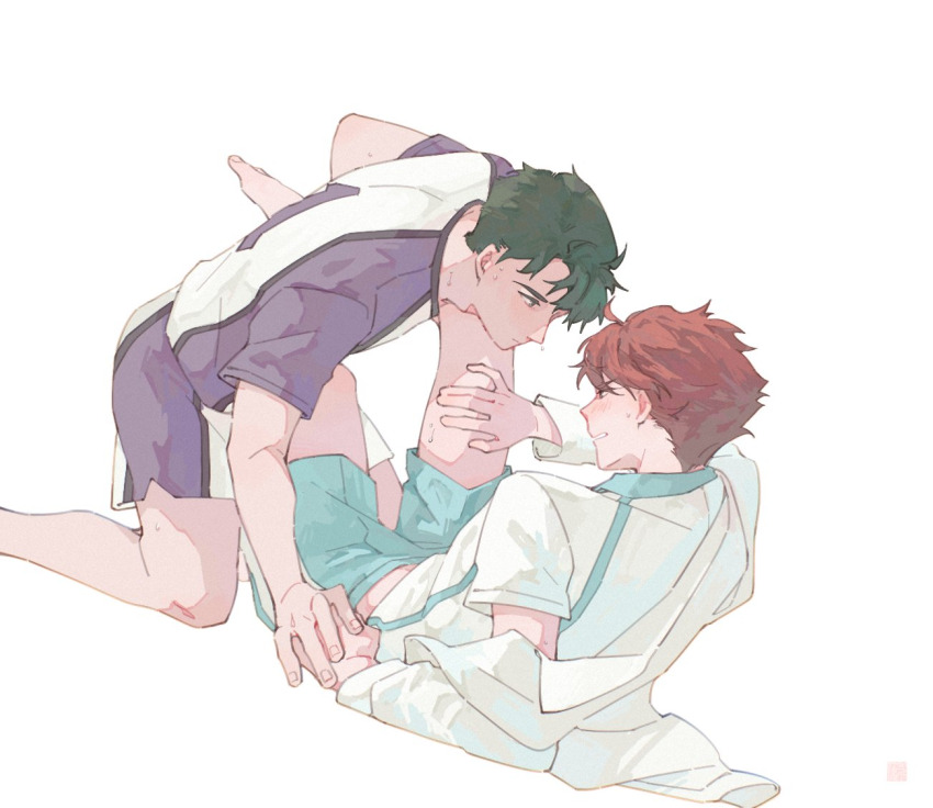 2boys, aoba_johsai_volleyball_uniform, barefoot, between_legs, blush, brown_eyes, brown_hair, closed_mouth