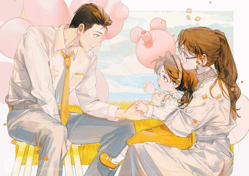 1boy, 2girls, aged_down, balloon, blue_eyes, border, brown_hair, chair, child, commentary, couple, english_commentary, eye_contact, family, family_bonding, father_and_child, father_and_daughter, from_side, glasses, hair_slicked_back, headband, holding_hands, husband_and_wife, kisaki_eri, looking_at_another, meitantei_conan, mercuryxun, mother_and_child, mother_and_daughter, mouri_kogoro, mouri_ran, multiple_girls, necktie, parent_and_child, petals, ponytail, reaching, reaching_towards_another, round_eyewear, shirt_tucked_in, sitting, sitting_on_lap, sitting_on_person, skirt, stool, sweater, white_border, yellow_necktie