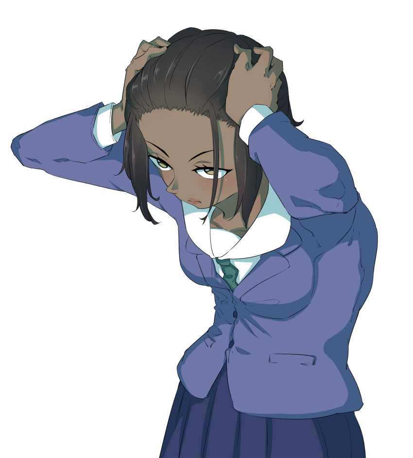 1girl, absurdres, black_skirt, blue_shirt, breasts, brown_eyes, dark-skinned_female, dark_skin