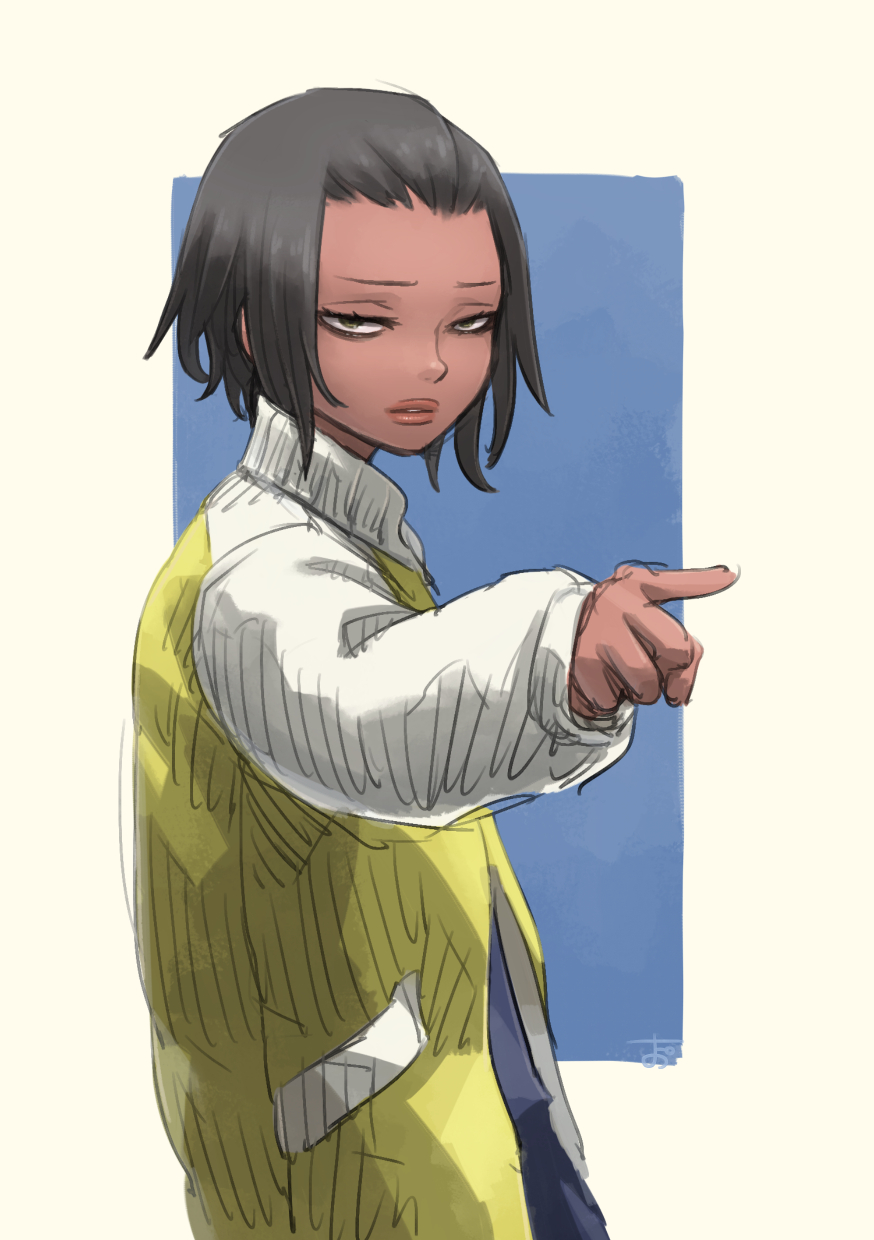 1girl, black_hair, blue_background, chiyo_maru, dark-skinned_female, dark_skin, eizouken_ni_wa_te_wo_dasu_na!, highres