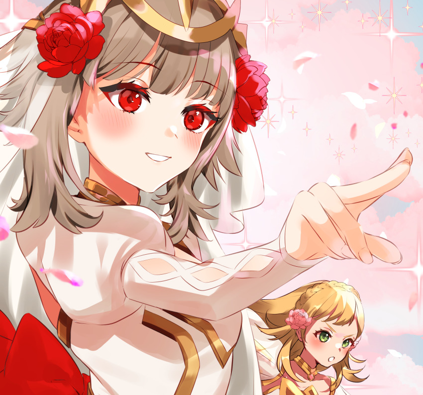 2girls, absurdres, bare_back, blonde_hair, blush, braid, bridal_veil, charging_forward