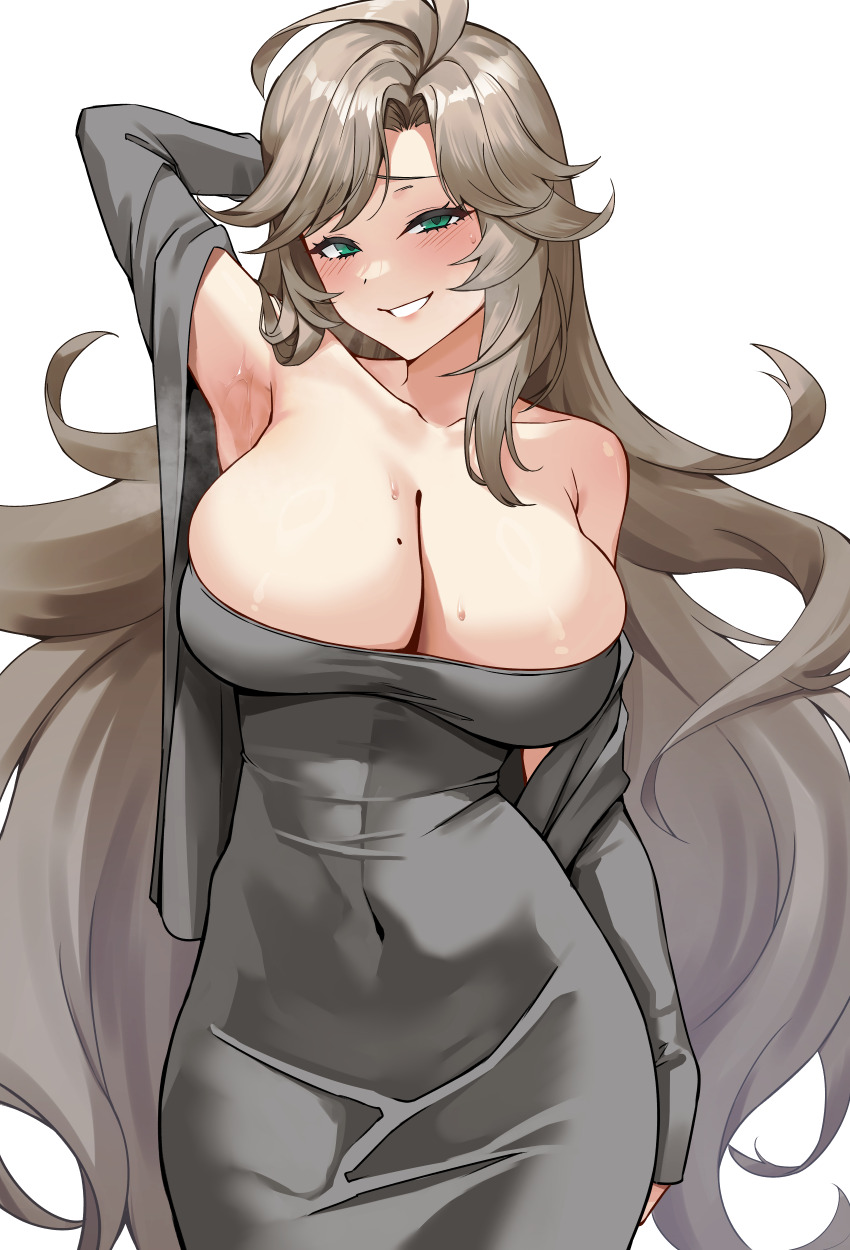 1girl, absurdres, aged_up, alternate_hair_length, alternate_hairstyle, arm_behind_head, armpits, bare_shoulders, breasts, brown_hair, cardigan, cleavage, covered_navel, dongtan_dress, dress, elsword, green_eyes, grey_dress, grin, highres, large_breasts, light_blush, lithia_beryl_(elsword), long_sleeves, mole, mole_on_breast, nsd_(neangsadu), open_cardigan, open_clothes, rima_clavis_(elsword), smile, solo, sweatdrop