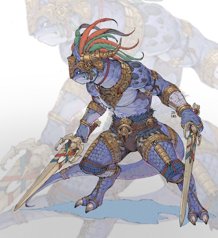 1boy, armlet, blue_skin, closed_mouth, codpiece, colored_skin, dual_wielding, fewer_digits, fighting_stance, final_fantasy, final_fantasy_xiv, furry, furry_male, highres, holding, holding_sword, holding_weapon, horns, jewelry, josh_corpuz, male_focus, mamool_ja, necklace, plume, reptile_boy, ring, solo, sword, weapon, zoom_layer, zoraal_ja