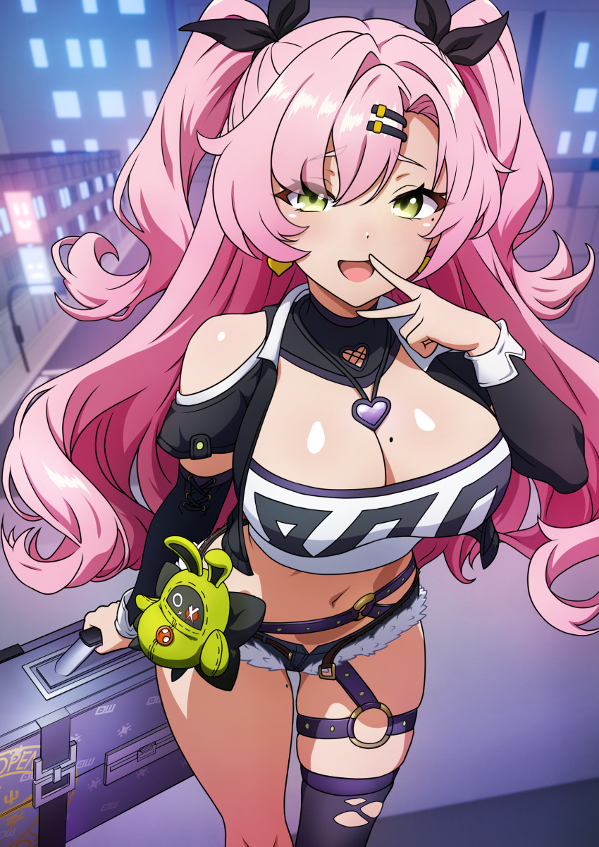 1girl, absurdres, bare_shoulders, belt, breasts, briefcase, cityscape, earrings