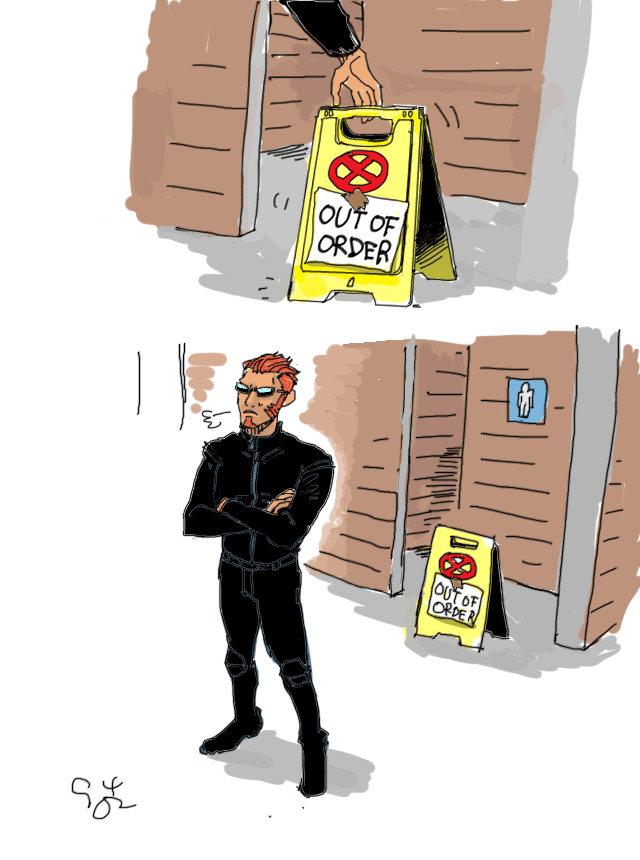 9402_13w, bathroom, bathroom_sign, black_jacket, black_pants, closed_mouth, crossed_arms, dark-skinned_male