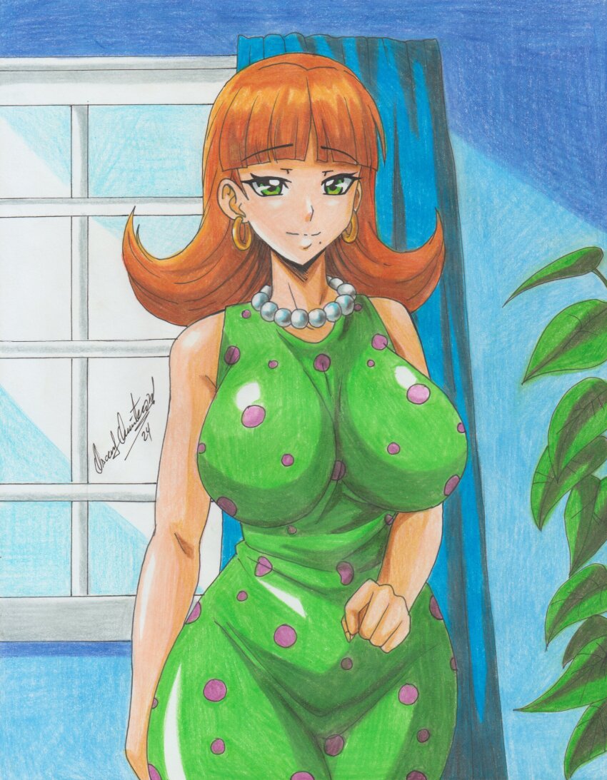 1girl, 2024, absurdres, bare_shoulders, breasts, brown_hair, curtains, dress