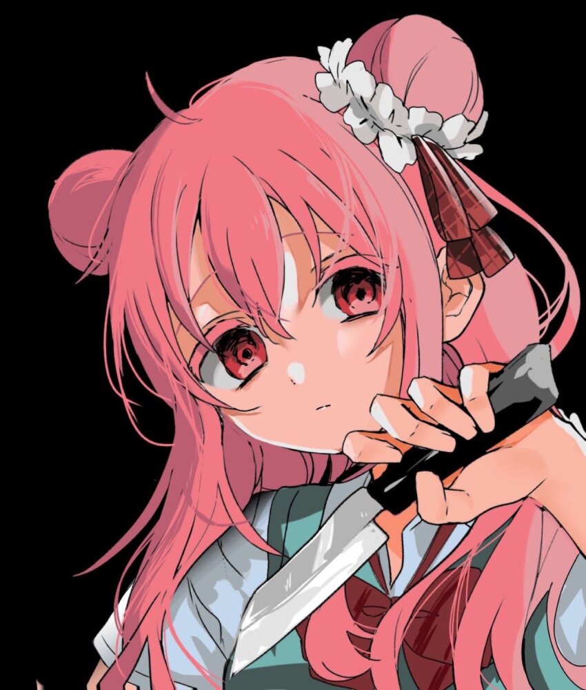 1girl, bad_weapon, black_background, bow, bowtie, commentary, double_bun, empty_eyes, frown, green_vest, hair_bun, hair_ribbon, happy_sugar_life, highres, holding, holding_knife, knife, looking_at_viewer, matsuzaka_satou, mirariso_m, pink_eyes, pink_hair, red_bow, red_bowtie, red_ribbon, ribbon, shirt, short_sleeves, simple_background, solo, upper_body, vest, white_shirt, yandere