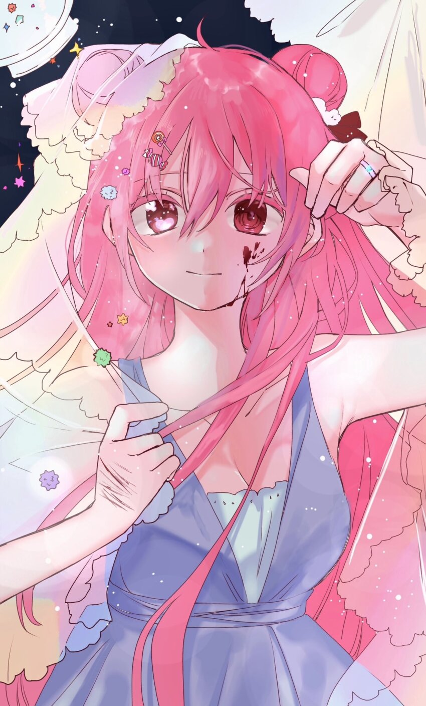 1girl, blood, blood_on_face, blue_dress, candy_hair_ornament, commentary, double_bun, dress