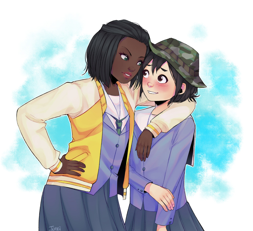 2girls, absurdres, arm_at_side, arms_around_neck, artist_name, asakusa_midori, black_hair, blazer