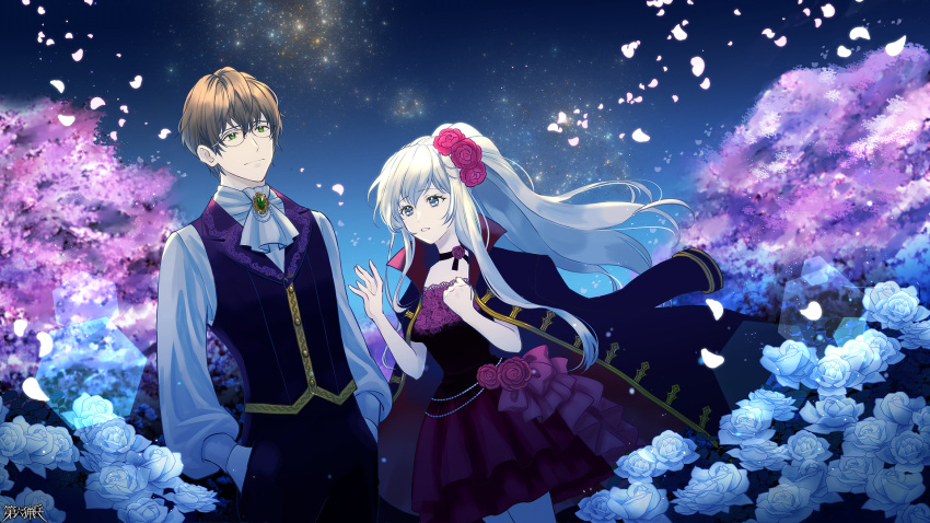 1boy, 1girl, ascot, black_dress, black_vest, blue_eyes, brown_hair, cape