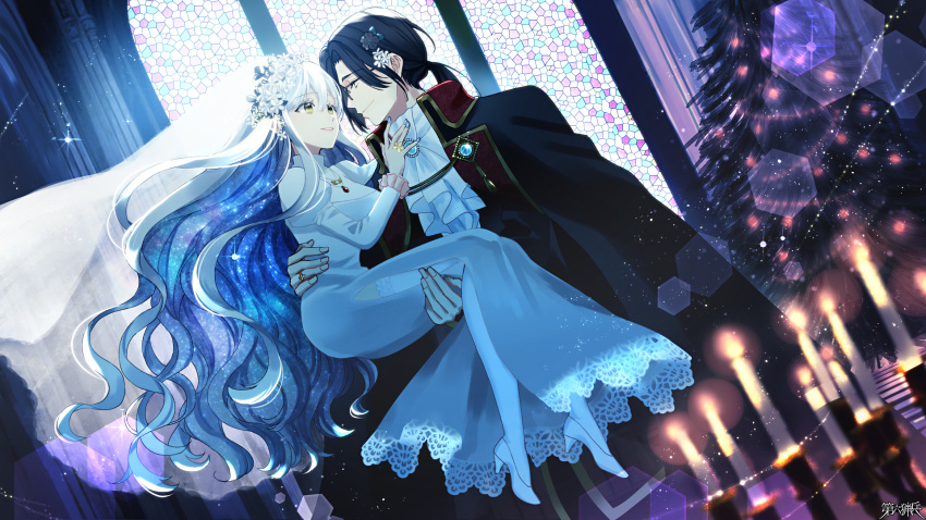1boy, 1girl, ascot, black_hair, blue_gem, blue_hair, blue_nails, breasts, brooch, candle, carrying, character_request, christmas_tree, church, dairoku_ryouhei, dress, dutch_angle, eye_contact, flower, gem, glasses, hair_flower, hair_ornament, hand_up, hetero, high_heels, highres, husband_and_wife, indoors, jewelry, lens_flare, light_blue_hair, long_hair, looking_at_another, mariadore_scrunchie, medium_breasts, pantyhose, princess_carry, ring, stained_glass, tora_(tw), veil, very_long_hair, wedding_dress, white_ascot, white_footwear, white_pantyhose