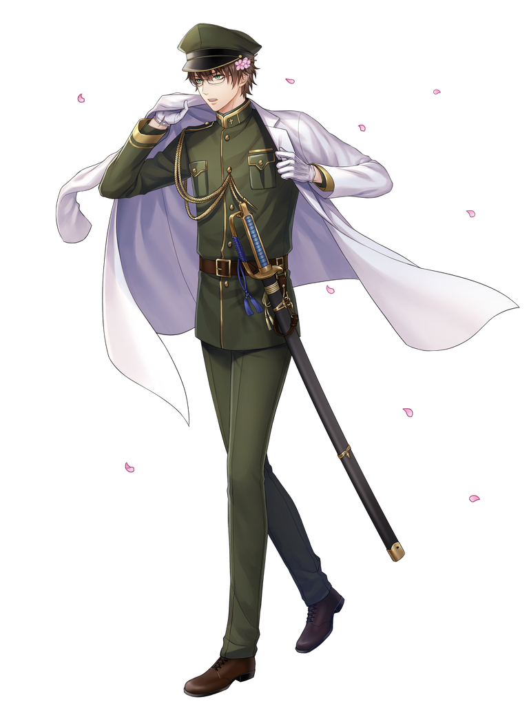1boy, aiguillette, belt, brown_footwear, brown_hair, coat, dairoku_ryouhei, flower, full_body, glasses, gloves, gold_trim, green_eyes, green_hat, green_jacket, green_pants, hair_flower, hair_ornament, hat, hk_(tw), jacket, long_sleeves, military_hat, mizusawa_rei, pants, petals, pocket, serious, sheath, sheathed, shoes, sword, walking, weapon, white_coat, white_gloves