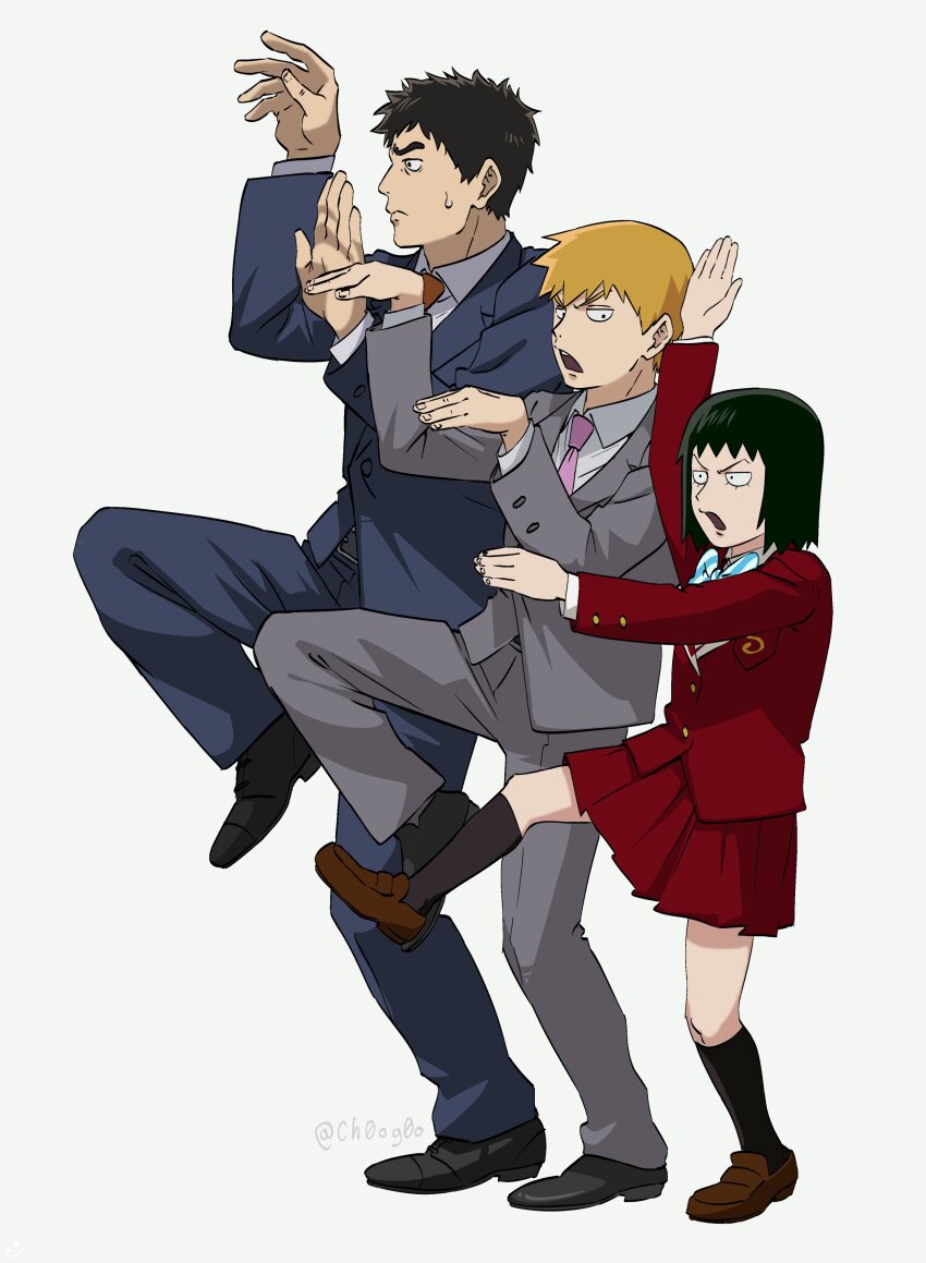 1girl, 2boys, absurdres, black_eyes, black_hair, blonde_hair, blue_jacket, blue_pants