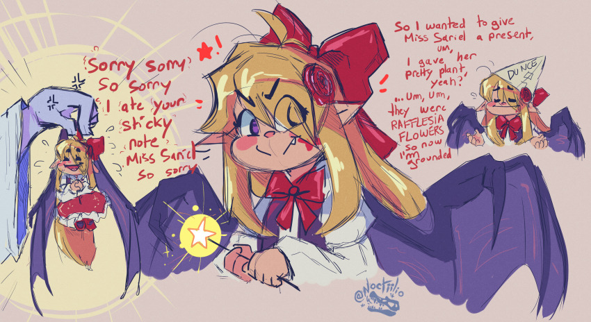 1girl, 1other, :|, absurdres, anger_vein, bat_wings, blonde_hair, blush