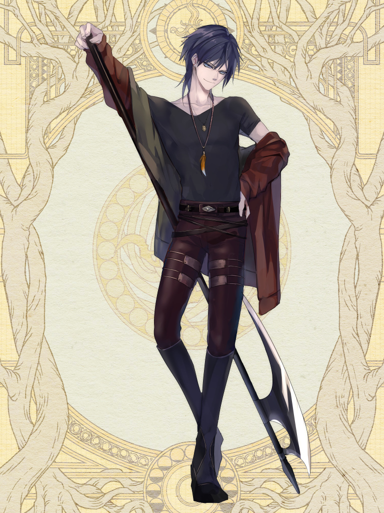 1boy, belt, black_hair, black_shirt, brown_jacket, brown_pants, dairoku_ryouhei, full_body