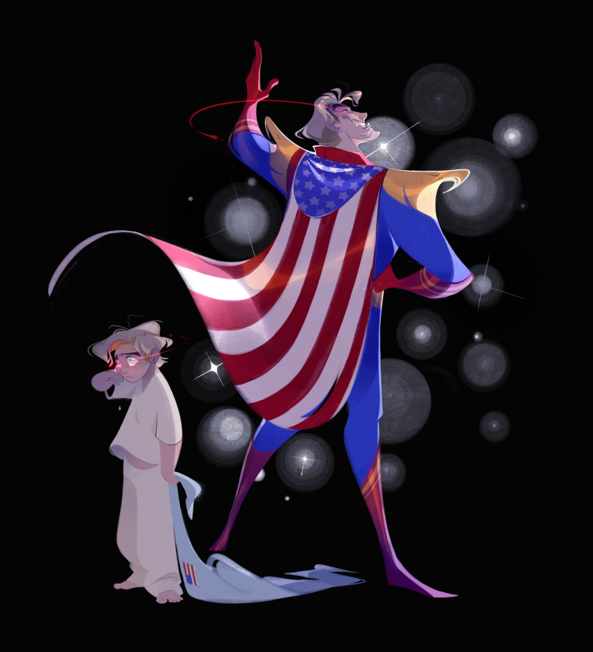 2boys, aged_down, american_flag, american_flag_print, arealtrashact, arm_up, armor, back-to-back, baggy_clothes, baggy_pants, barefoot, black_background, blanket, blonde_hair, blue_bodysuit, blue_eyes, bodysuit, boots, cape, crying, dual_persona, fangs, flag_print, gloves, glowing, glowing_eyes, grin, hand_on_own_hip, highres, homelander, long_fangs, looking_at_viewer, looking_to_the_side, multiple_boys, pants, pauldrons, red_footwear, red_gloves, sharp_teeth, shirt, short_sleeves, shoulder_armor, simple_background, smile, sparkle, tears, teeth, the_boys, white_pants, white_shirt, wiping_tears