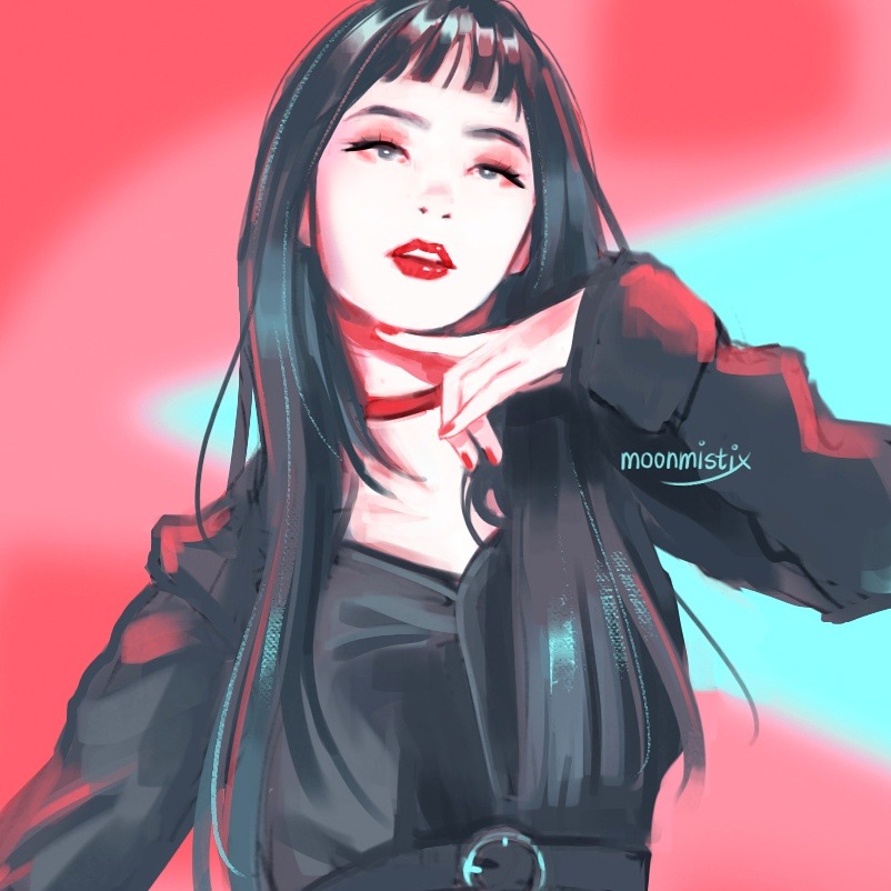 1girl, artist_name, belt, black_belt, black_hair, blue_background, choker, commentary