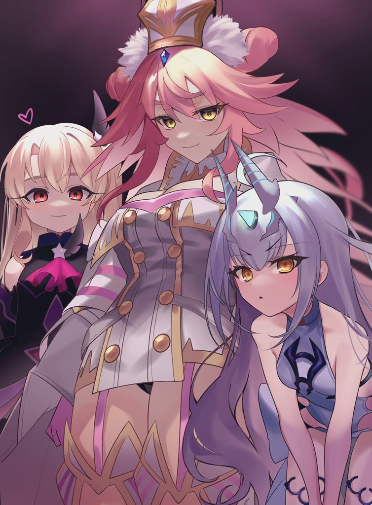 3girls, akaneko016, animal_ear_fluff, animal_ears, ascot, bare_shoulders, black_dress, blush