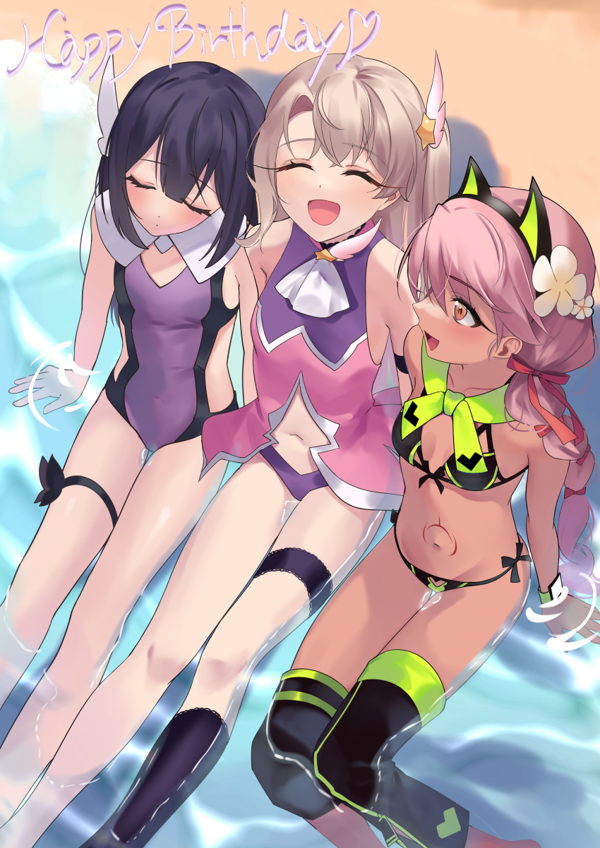 3girls, absurdres, akaneko016, animal_ears, ascot, bare_shoulders, beach, bikini, black_bikini, black_hair, blush, braid, breasts, capelet, cat_ears, chloe_von_einzbern, chloe_von_einzbern_(swimsuit_avenger)_(second_ascension), dark-skinned_female, dark_skin, detached_leggings, dress, fake_animal_ears, fate/grand_order, fate/kaleid_liner_prisma_illya, fate_(series), feather_hair_ornament, feathers, flat_chest, flower, green_bikini, grey_hair, hair_flower, hair_ornament, hair_ribbon, hairband, hairclip, highres, illyasviel_von_einzbern, leotard, loli, long_hair, low_twin_braids, miyu_edelfelt, miyu_edelfelt_(magical_girl), multicolored_bikini, multiple_girls, navel, neck_ribbon, one_side_up, open_mouth, orange_eyes, pink_dress, pink_hair, prisma_illya, prisma_illya_(zwei_form), purple_leotard, ribbon, shore, sidelocks, small_breasts, smile, stomach_tattoo, swimsuit, tattoo, thighs, twin_braids, twintails, two-tone_bikini, two-tone_legwear, white_capelet