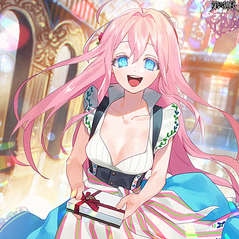 1girl, ahoge, blue_eyes, blurry, blurry_background, breasts, cleavage, dairoku_ryouhei