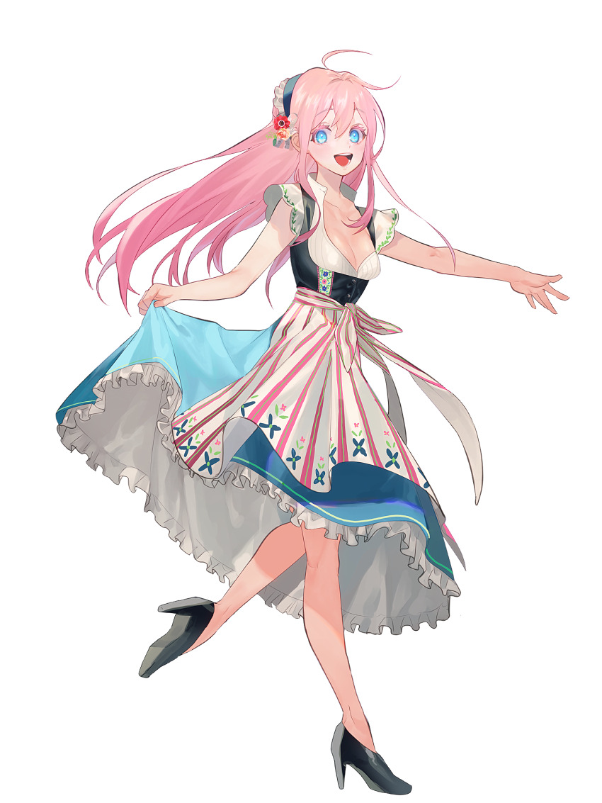 1girl, :d, ahoge, black_footwear, blue_eyes, breasts, cleavage, dairoku_ryouhei