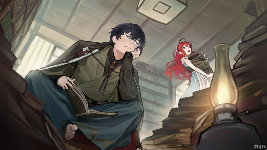 1boy, 1girl, :d, ahoge, barefoot, black_hair, book, book_stack
