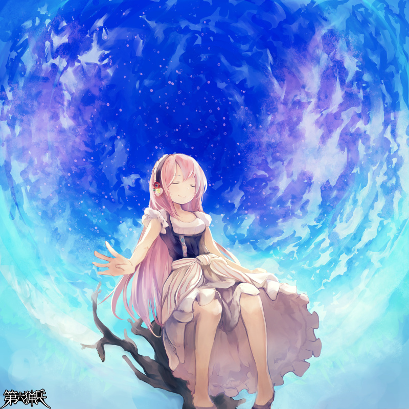 black_dress, black_hairband, blue_sky, breasts, closed_eyes, copyright_name, dairoku_ryouhei, dress, hairband, komiya_aki, long_hair, on_branch, outdoors, pink_hair, shimada_sarasara, shoes, sitting, sky, small_breasts, two-tone_dress, white_dress